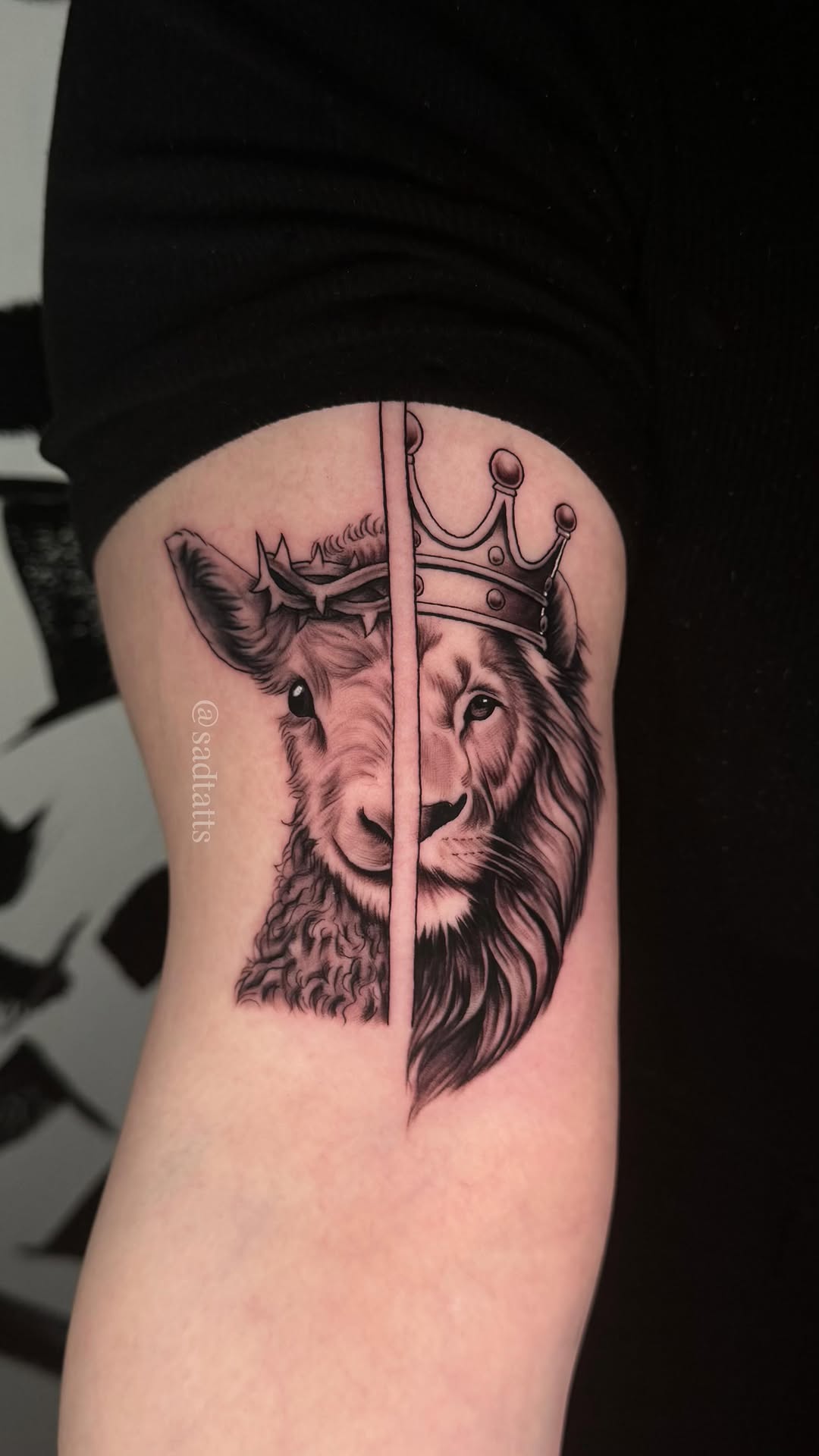 Lamb and Lion split-face religious tattoo