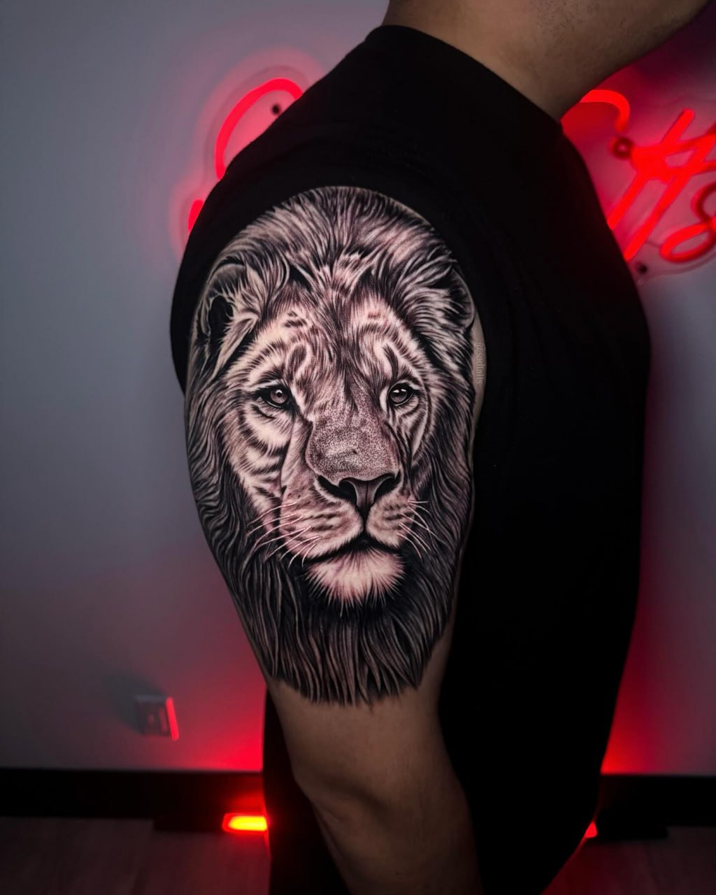 Black and grey lion realism tattoo by Dre