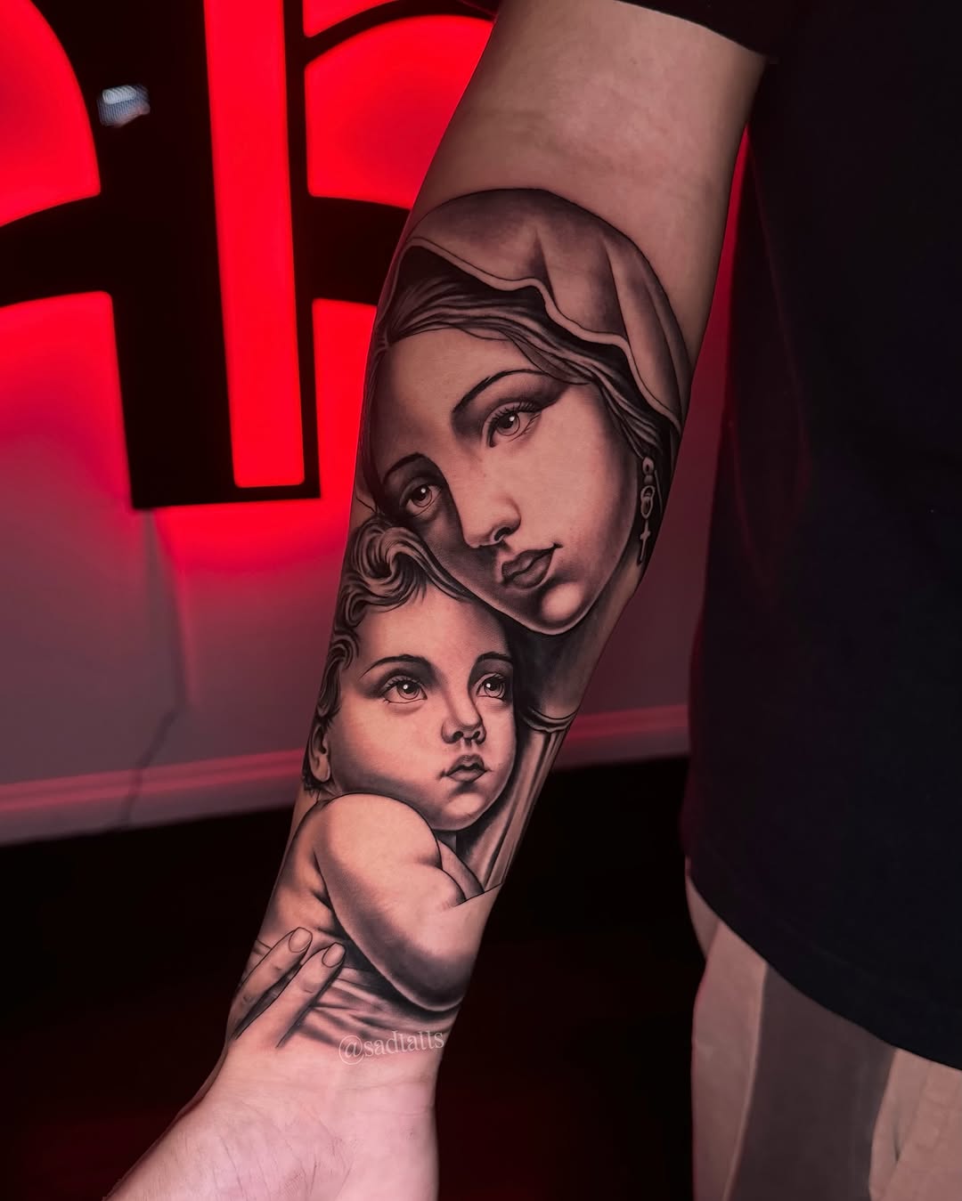 Virgin Mary and Christ Child black and grey tattoo